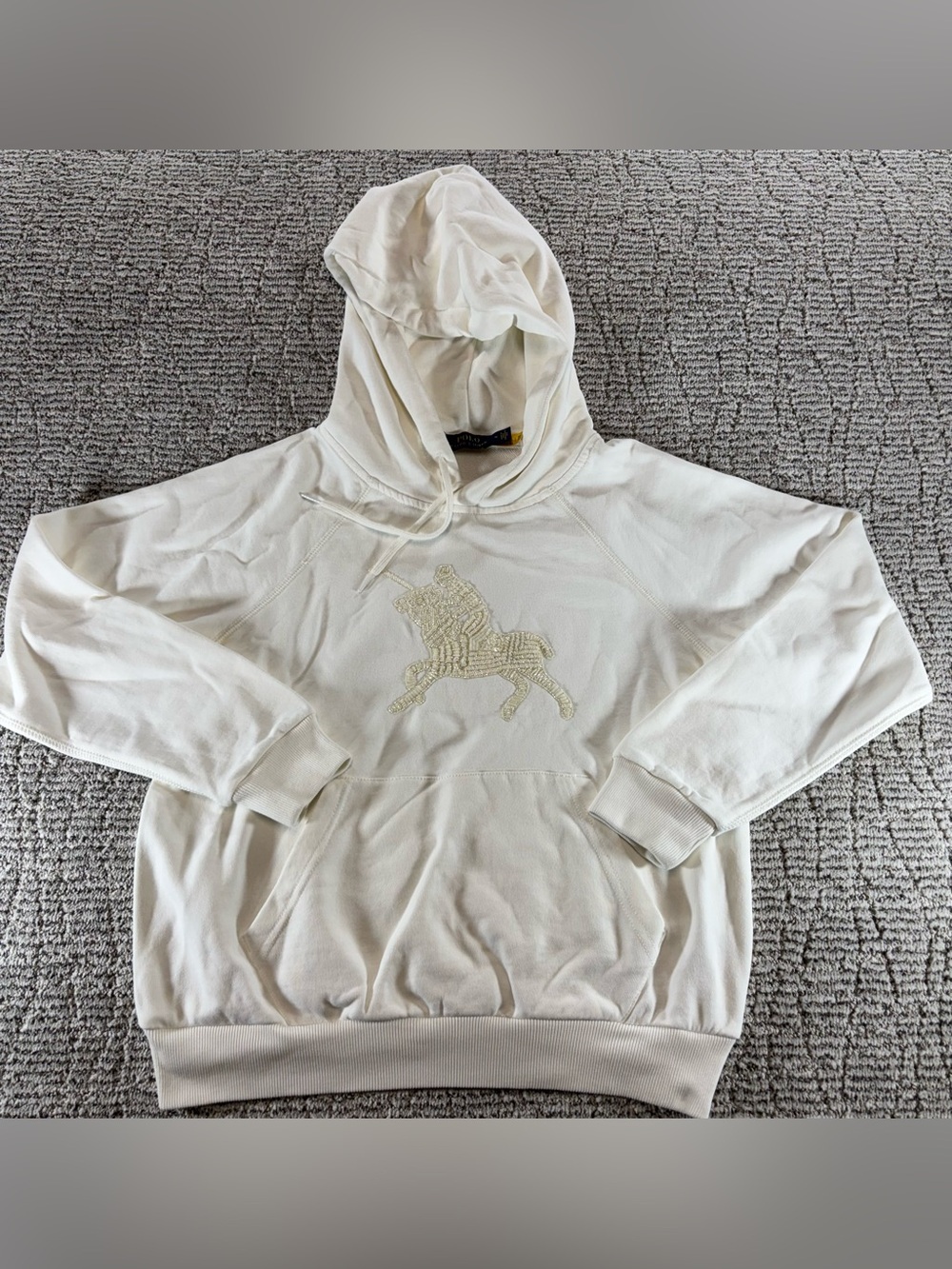 NEW Polo Ralph Lauren Women’s Medium White Hoodie Cream Beaded Pony Graphic - Picture 11 of 15